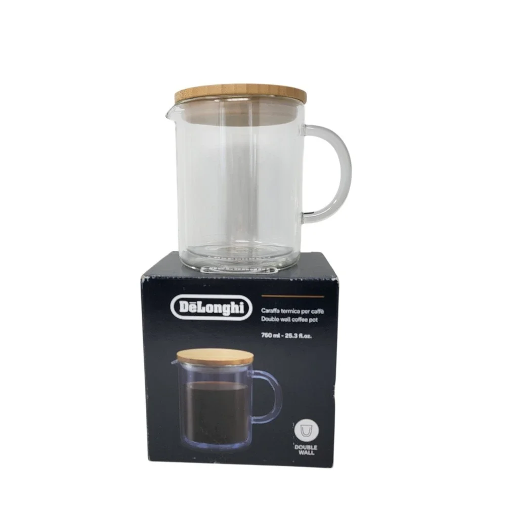 Double Wall Glass Coffee Pot Bamboo Lid 25oz Thermal Carafe Open Box‎ New